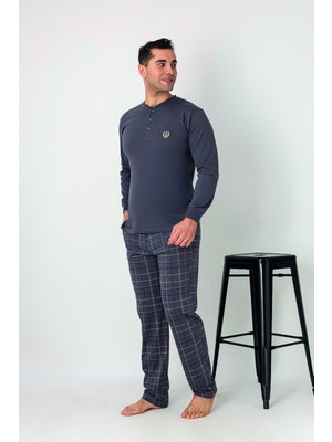 Estiva Erkek Kareli Alt Desenli Gri Uzun Kollu Patlı Penye Pijama Takımı