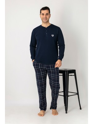 Estiva Erkek Kareli Alt Desenli Lacivert Uzun Kollu Patlı Penye Pijama Takımı