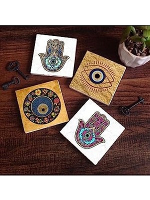 Data Store Nazar, Fatma Ana Eli  Taş Bardak Altlığı Seti - 4 Parça - Dekoratif, Rustik Mutfak Aksesuarı, 10X10 Cm, Kaydırmaz Tabanlı, Şık ve Dayanıklı SC511