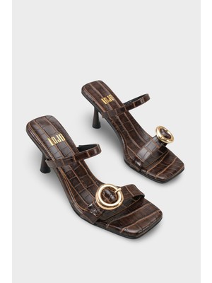 LOJO Kadın Altın Kemer Toka Detaylı Bantlı Günlük Topuklu Terlik Ligas Kahve Kroko