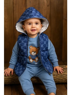 GMG Collection Baby Erkek Mavi Kapuşonlu Yelekli Üçlü Takım 9AY, 12AY, 18AY, 24AY