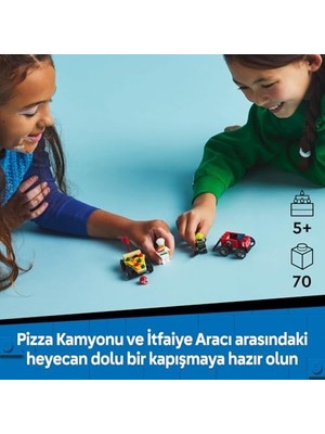 Data Store City Pizza Arabası Itfaiye Kamyonuna Karşı Yarış Arabası Paketi 60458-5 Yaş ve Üzeri Çocuklar Için Yaratıcı Oyuncak Yapım Seti, Doğum Günü Hediyesi (70 Parça)