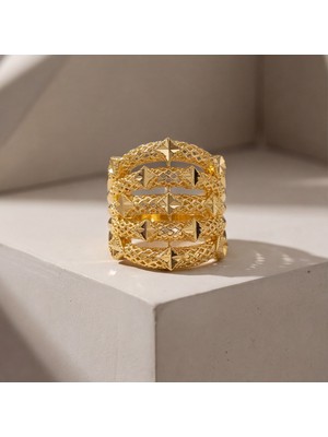Ferizz Altın Kaplama Kaburga Model Işlemeli Ayarlanabilir Kadın Yüzük YZK-525