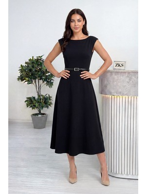 Zks Grup Tekstil-Kadın Kemer Detaylı Midi Boy Elbise Bordo, Elbise