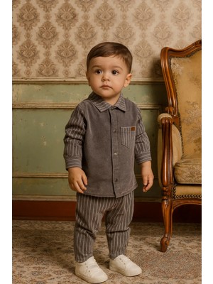 GMG Collection Baby Çizgili Yumuşak Kot Gömlek Takım 9 Ay,12 Ay,18 Ay,2y Erkek Füme Renk