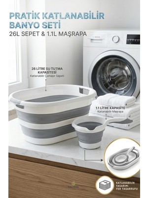 Calvera 2'li Katlanabilir Banyo Seti - 26 Lt Çamaşır Sepeti & 1.1 Lt Maşrapa - Yer Tasarrufu Sağlayan Tasarım