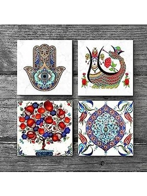 Data Store Şahmeran, Çini Sanatı, Nar Ağacı, Fatma Ana Eli  Taş Bardak Altlığı Seti - 4 Parça - Dekoratif, Rustik Mutfak Aksesuarı, 10X10 Cm, Kaydırmaz Tabanlı, Şık ve Dayanıklı SC186