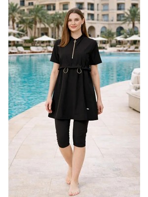 Tesmay Yarım Fermuarlı Üstü Sporcu Likra Paraşüt Kumaş Hızlı Kuruyan Yarı Kapalı Taytlı Kadın Mayo 3410