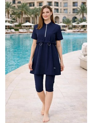 Tesmay Yarım Fermuarlı Üstü Sporcu Likra Paraşüt Kumaş Hızlı Kuruyan Yarı Kapalı Taytlı Kadın Mayo 3410