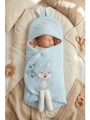 Dublino Kids Kız\erkek Bebek Battaniyesi Kundak Tavşan Nakışlı ve Kulaklı Yenidoğan Örtü
