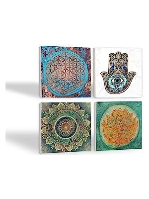 Data Store Mandala, Yaşam Çiçeği, Çiçeği, Fatma Ana Eli  Taş Bardak Altlığı Seti - 4 Parça - Dekoratif, Rustik Mutfak Aksesuarı, 10X10 Cm, Kaydırmaz Tabanlı, Şık ve Dayanıklı SC212