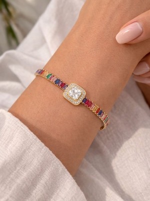 Brezza Lusso Jewelry Renkli Aura Kare Taş Altın Kaplama Kadın Bileklik