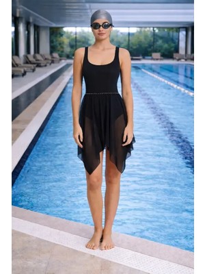 Lapieno Su Tutmayan Kumaş Özel Tasarım Siyah Tüllü Elbise Mayo KK02