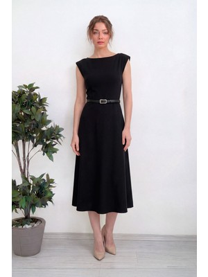 The Zks-Kadın Kemer Detaylı Midi Boy Elbise Bordo, Elbise