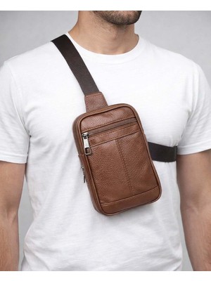 Derise Club Erkek Taba Renk Hakiki Deri Body Bag Çanta Çift Kol Askılı Göğüs Çantası Omuz Çantası