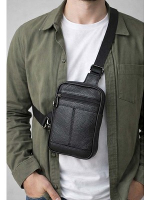 Derise Club Erkek Siyah Hakiki Deri Body Bag Çanta Çift Kol Askılı Göğüs Çantası Omuz Çantası