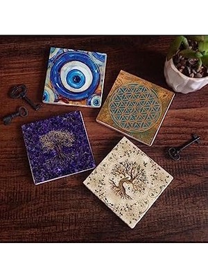 Data Store Nazar, Yaşam Çiçeği, Hayat Ağacı Taş Bardak Altlığı Seti - 4 Parça - Dekoratif, Rustik Mutfak Aksesuarı, 10X10 Cm, Kaydırmaz Tabanlı, Şık ve Dayanıklı SC466