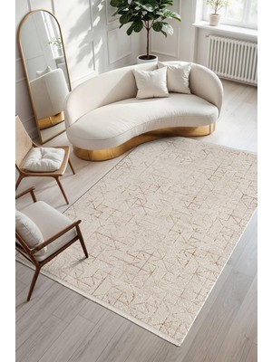 Armony AR015K Krem Halı Modern Desenli Akrilik Pamuk Taban Tozu Az Salon Halısı Yatak Odası Koridor