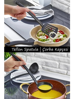Mikasso 2'li Teflon Spatula ve Çorba Kepçesi Seti, Yanmaz Yapışmaz Pratik Mutfak Servis Seti Plastik Siyah