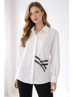 ribana Kadın Kemer Detaylı Dokuma Kumaş Kruvaze Gömlek Yaka  Bluz A7953
