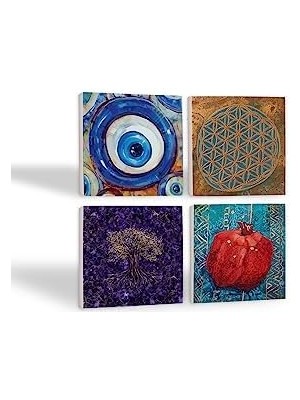 Data Store Nazar, Yaşam Çiçeği, Hayat Ağacı, Nar Taş Bardak Altlığı Seti - 4 Parça - Dekoratif, Rustik Mutfak Aksesuarı, 10X10 Cm, Kaydırmaz Tabanlı, Şık ve Dayanıklı SC464