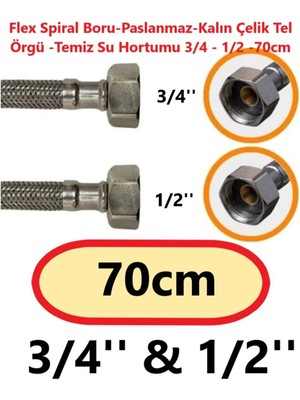 Mikasso Flex Spiral Boru -Paslanmaz -Kalın -Çelik Tel Örgü -Temiz Su Hortumu 3/4 - 1/2 -70CM