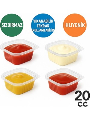Mikasso 100 Adet Sızdırmaz 20 cc Saklama Kabı, Sos Kabı, Sosluk, Buzdolabı Kabı Plastik Şeffaf