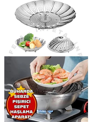 Mikasso Paslanmaz Buharda Sebze Haşlama Sepeti Katlanabilir Tencere Içi Çelik