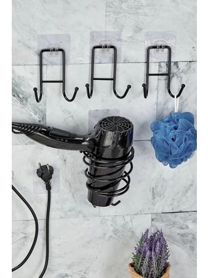 Mikasso Sihirli Yapışkanlı Siyah Saç Kurutmalık ve 3'lü 2 Kancalı Askı Banyo Aksesuar Seti Siyah