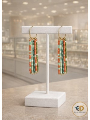 Eylül Dünyası El Yapımı- Renkli- Kum Boncuklu Şerit Küpe (9 Cm)