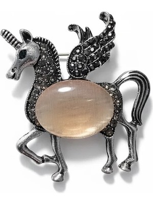 Cesicey Unicorn Tek Boynuz At Broş Zirkontaş Detaylı Gümüş Renk