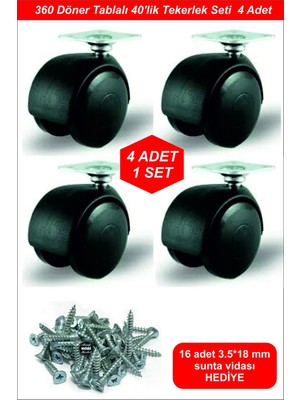 Mikasso 40 mm Oynar Vidalanabilir Mobilya Tekerleği | Dolap, Sehpa, Masa Ayağı Tekeri 4’lü Set