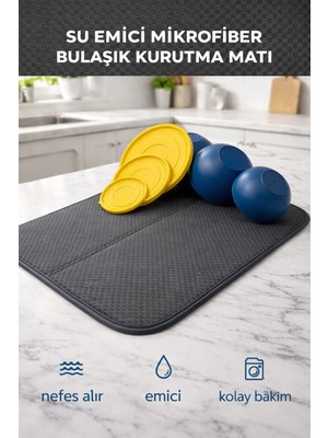 Mikasso Su Emici Mikrofiber Bulaşık Kurutma Matı – Tezgah Üstü Kaymaz, Yıkanabilir Kurulama Altlığı Silikon