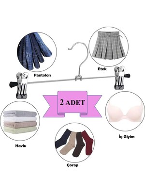 Mikasso 2 Adet Metal Etek ve Pantolon Askısı - Ayarlanabilir Mekanizmalı - Pvc Kaplı Kaydırmaz Mandallı Meta