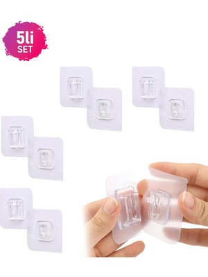 Mikasso Çift Taraflı Yapışkanlı Geçmeli Klips Şeffaf Duvar Asma Kancası 5 Çift Eşya Sabitleme Kanca Askısı Ş