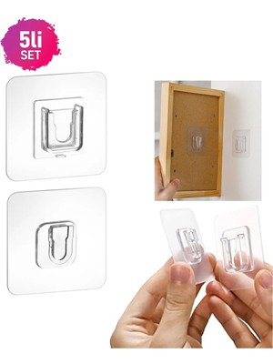 Mikasso 5'li Set Geçmeli Klips Eşya Sabitleme Askısı Tablo Ayna Resim Sabitleme Aparatı Şeffaf Duvar Kancası