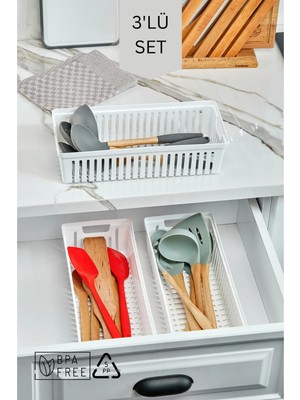 Mikasso 3'lü Set Kaşıklık ve Kepçelik Çekmece Içi Düzenleyici / Beyaz Plastik Beyaz