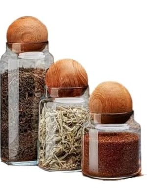 Data Store 3’lü Ahşap Kapaklı Cam Saklama Kavanoz Seti – Modern Küre Kapak Tasarımıyla Kuruyemiş, Kahve, Şeker ve Baharat Depolama