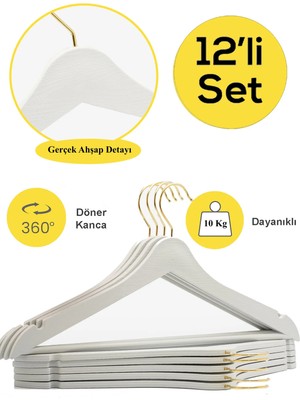 Mikasso 12 Adet Beyaz Ahşap Görünümlü Plastik Askı Kıyafet Elbise Gömlek Askısı Gold Kancalı Plastik Beyaz T
