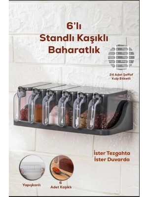 Mikasso Stantlı 6'lı Siyah Tezgah Üstü Kaşıklı Baharat Takımı Yapışkanlı Duvara Monte Plastik