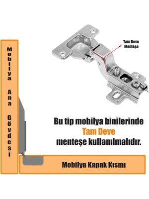 Mikasso 2 Adet Standart Tam Deve Menteşe Dolap Kapak Menteşesi Taban Dahil Metalik