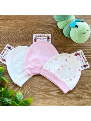 Renkli Puset 3'lü Pembe Penye Bebek Şapka Bere Takım Kız Çocuk İçin Puan Desenli