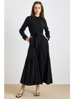 Olcay Nervür Detaylı Eteği Fırfırlı Soft Kumaş Elbise Siyah 9441-E