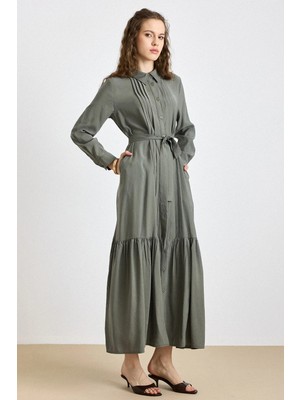 Olcay Nervür Detaylı Eteği Fırfırlı Soft Kumaş Elbise Haki 9441-E