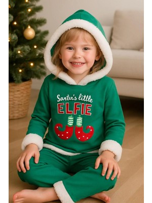 GMG Collection Baby Kız Çocuk Kapüşonlu Welsoft Detaylı Yılbaşı Yeşil Takım