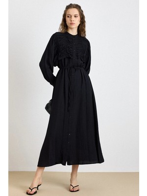 Olcay Büzgü ve Pelerin Detaylı Elbise Siyah 9433-E