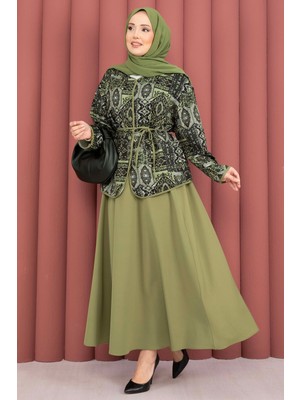 Mat Etnik Desen Ceket & Etek Takım Haki