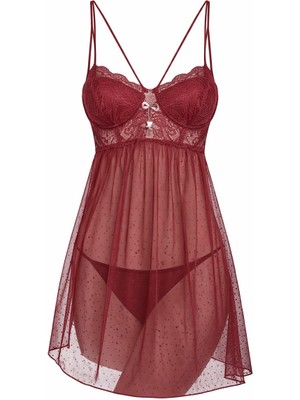 Genel Kadın Bordo Dantel Gecelik Transparan Askılı Gecelik