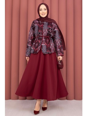 Mat Etnik Desen Ceket & Etek Takım Bordo