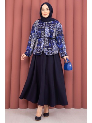 Mat Etnik Desen Ceket & Etek Takım Lacivert
